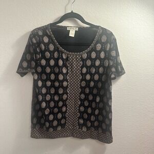 ORVIS Knit Blouse size Medium Stretch SILKY Short Sleeve Black Beige Geo Print